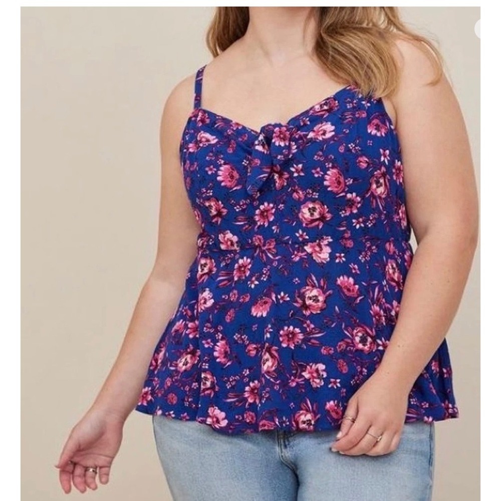 Torrid Floral Peplum Cami Top Pink Flower Tie Front Smocked Back 00 M/L